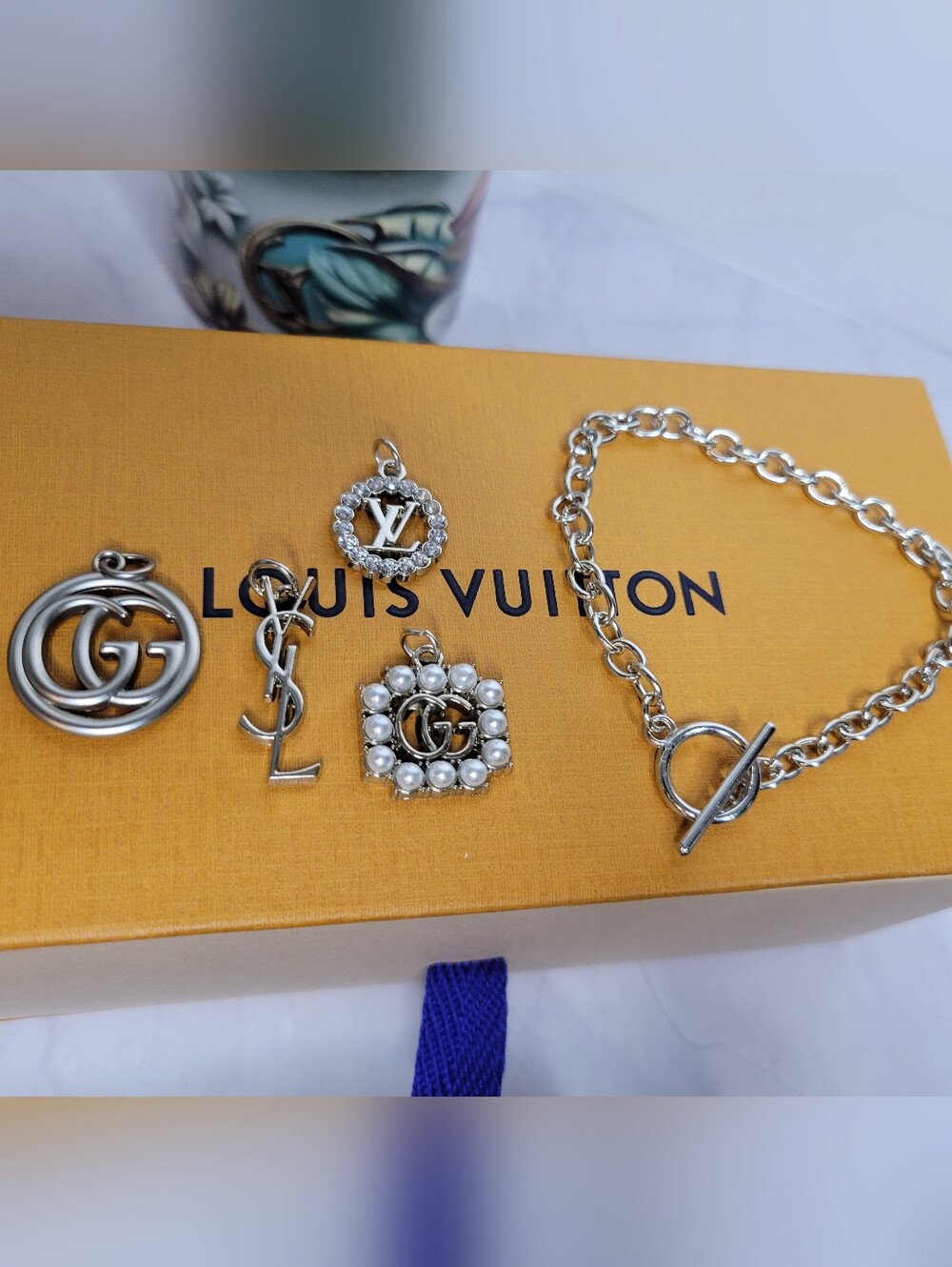 5 Pc. Lot, Silver Toggle Bracelet, YSL GG LV Zip Pulls, Diy Jewelry Craft